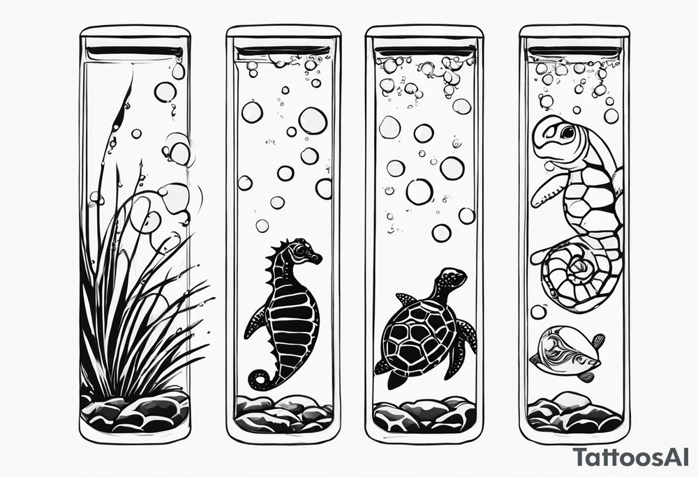 Small Starfish, Seahorse and turtle in a vertical line with bubbles tattoo idea