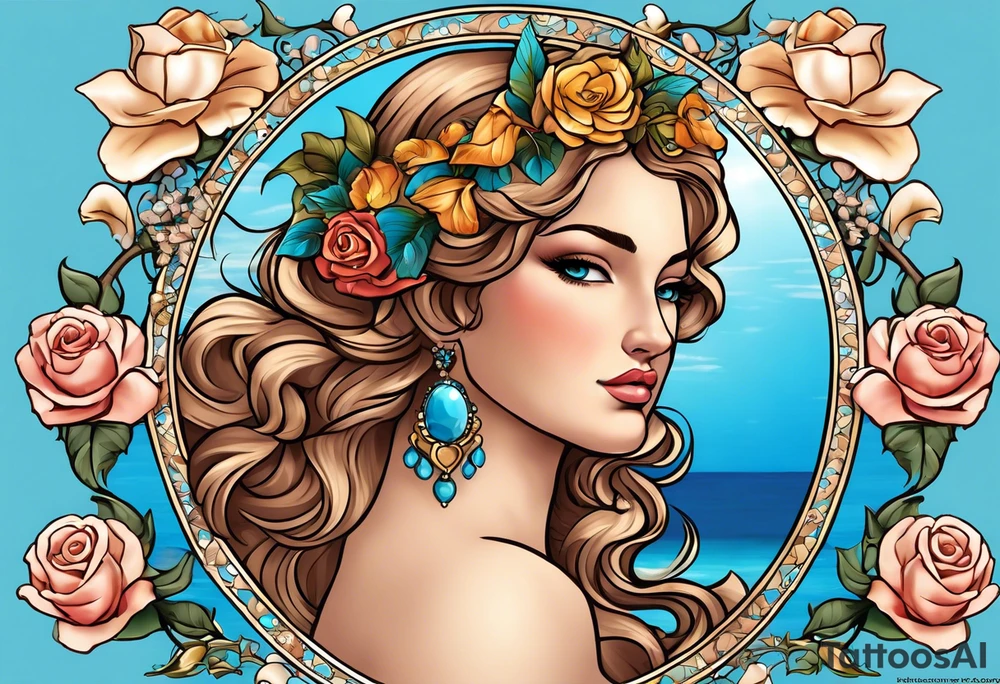 Portrait of Aphrodite: A face or full-length image of the goddess, often in a realistic style, perhaps decorated with flowers, seashells, or doves.rose, doves, shells and a mirror in his hand. background sea, blue roses frames,, romantic,background  fly boy wings and a bow, cupido tattoo idea