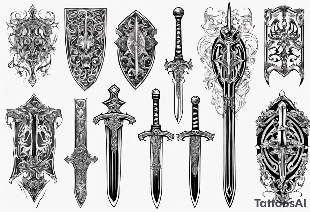 Sword behind shield filigree tattoo idea