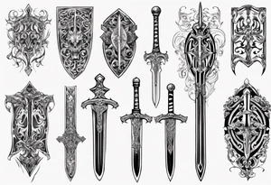 Sword behind shield filigree tattoo idea