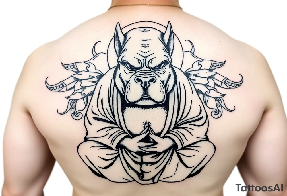 Meditating fat Buddha with pitbull head tattoo idea