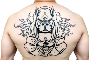 Meditating fat Buddha with pitbull head tattoo idea