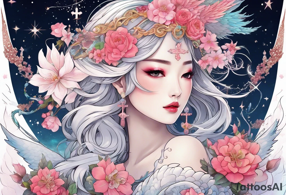 Constellation, wing , snow , cross , dragon female japan kawaii , flower tattoo idea