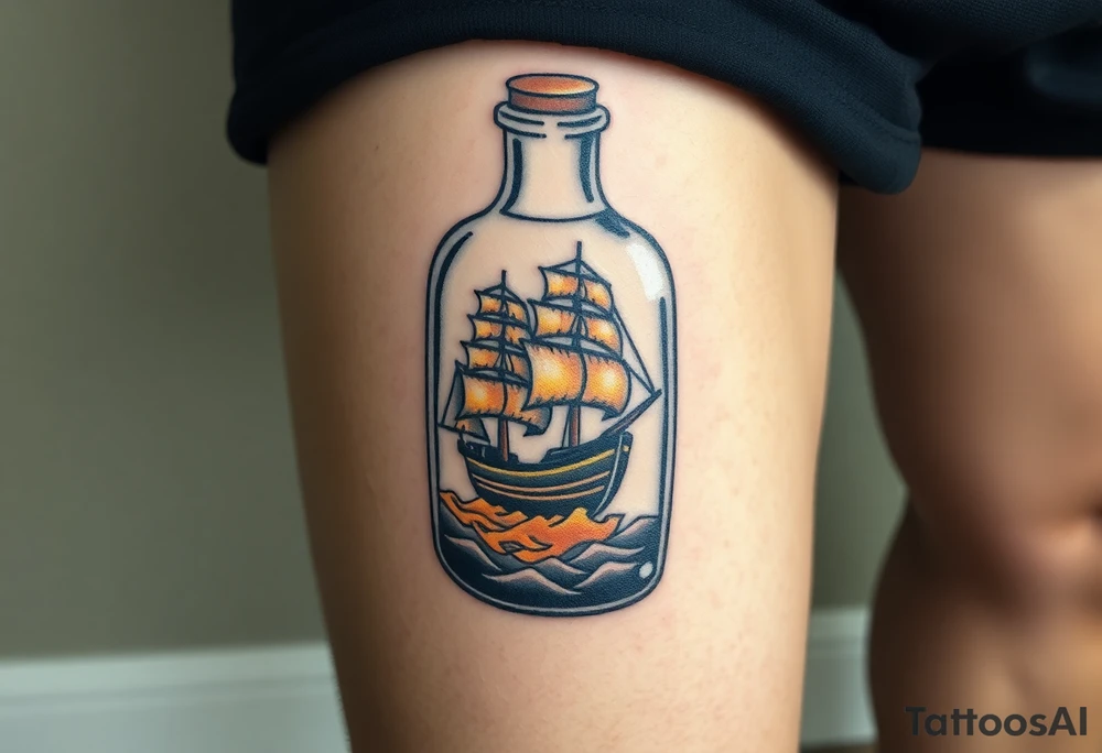 A bottle with a tiny ship trapped inside, representing the Black Pearl, with golden sunlight reflecting off the glass tattoo idea