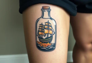 A bottle with a tiny ship trapped inside, representing the Black Pearl, with golden sunlight reflecting off the glass tattoo idea