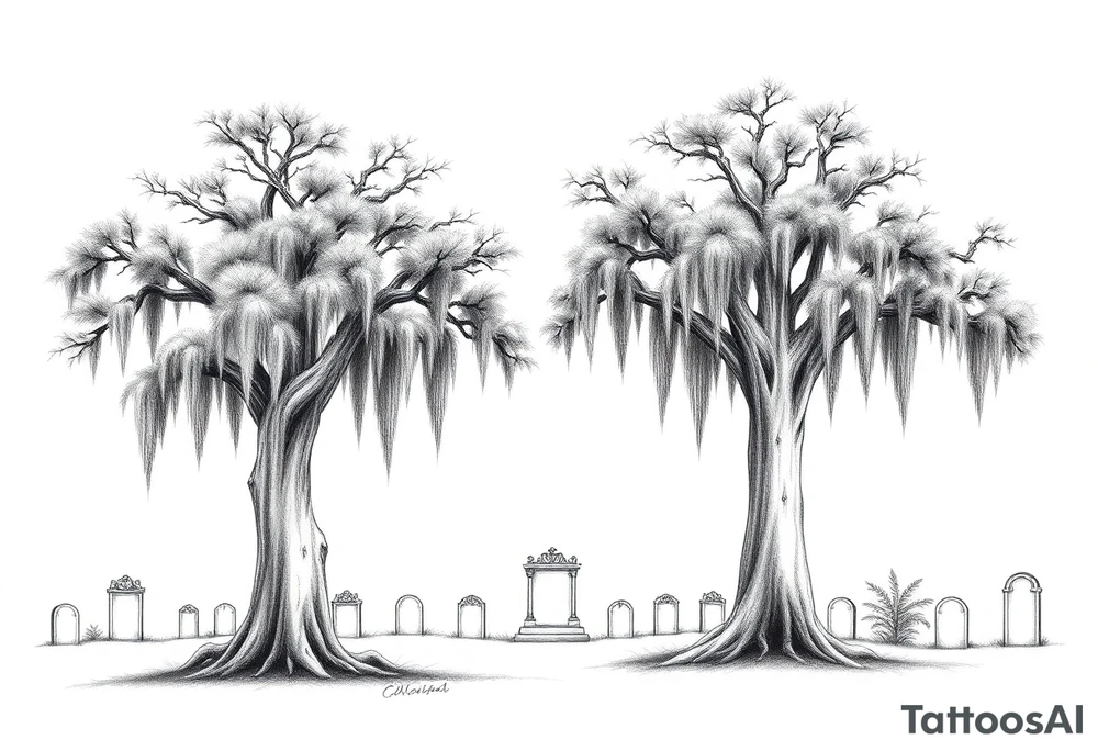 2 Oak trees with a lot of Spanish moss in a cemetery tattoo idea