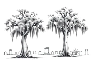2 Oak trees with a lot of Spanish moss in a cemetery tattoo idea