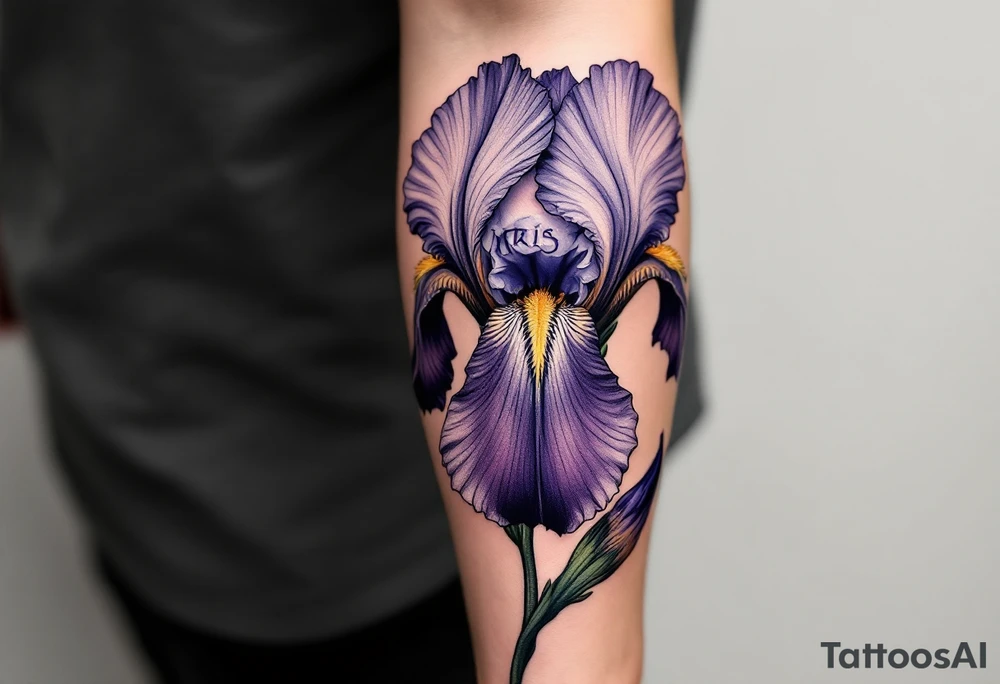 big iris flower with the name “IRIS” written in the stem of the flower in cursive on the outside of the forearm tattoo idea