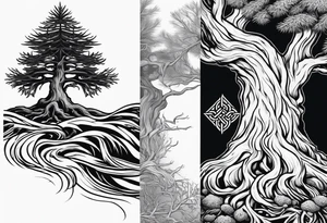 Pine tree and on the oposite side a juniper tree as ot os a reflaction.  roots of both trees are joined and entangeled in celtic trinity sign tattoo idea