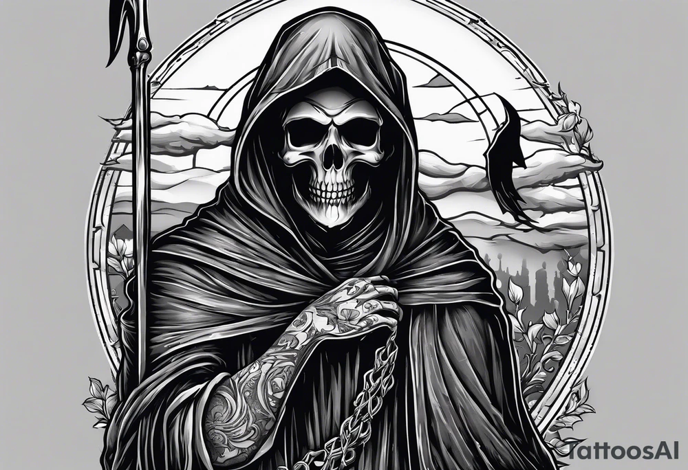 full body grim reaper with his hood off and a halo above his head tattoo idea