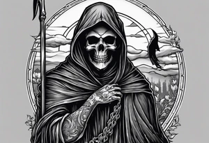 full body grim reaper with his hood off and a halo above his head tattoo idea