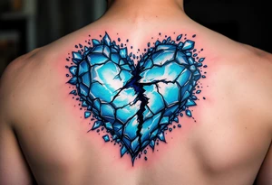 A heart made of blue ice, cracking apart, with cyan shards floating around, representing a love turned cold tattoo idea