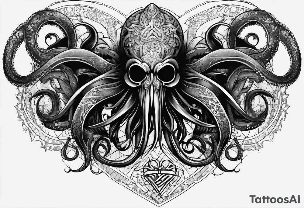 Long tattoo for forearm. Lovecraftian creature, with technological elements. Tentacles protect a heart. tattoo idea