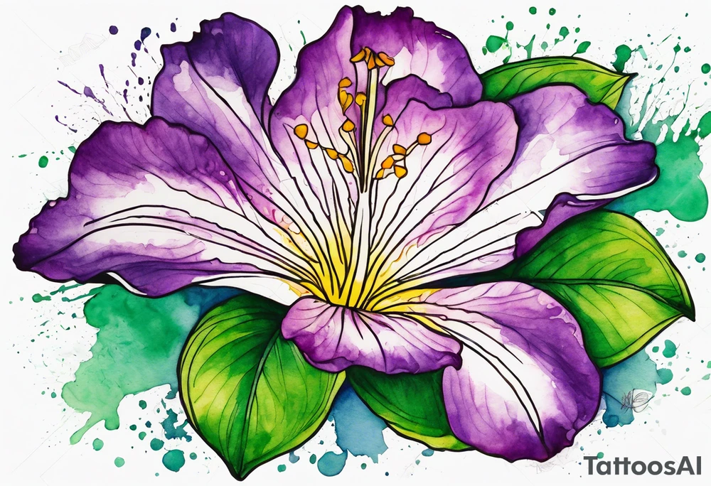 An outline of a rio dipladenia flower with green pedals and a purple watercolor splash in the background tattoo idea