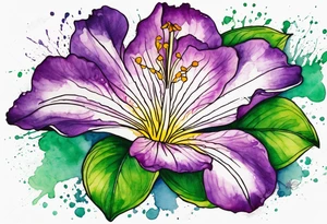 An outline of a rio dipladenia flower with green pedals and a purple watercolor splash in the background tattoo idea