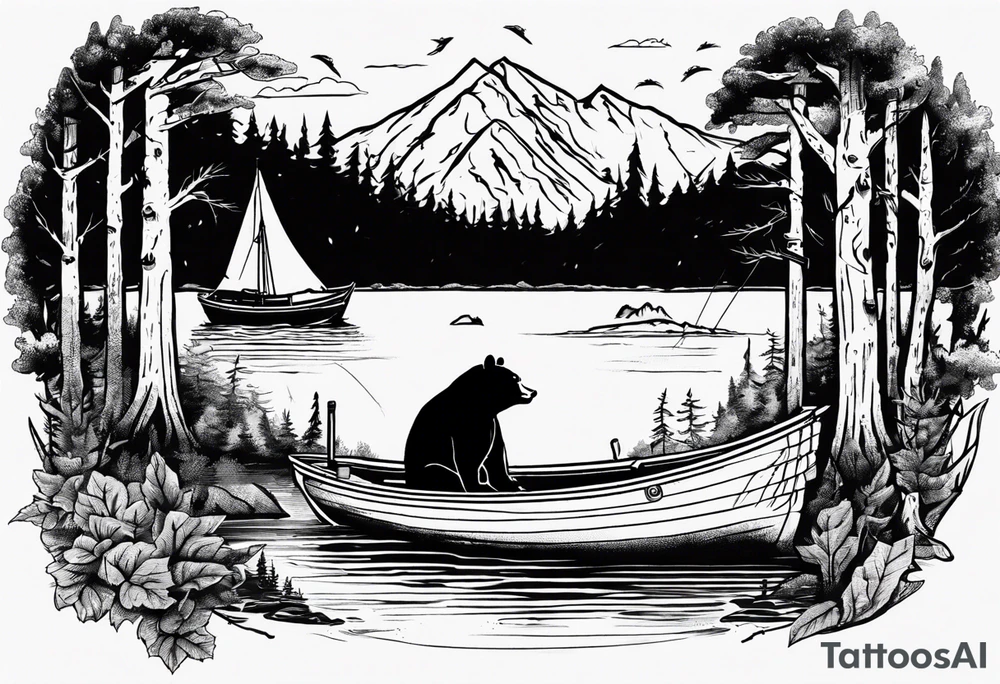 bear, forest, lake, small man on a fishing boat, appalachia tattoo idea