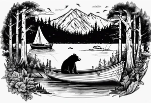 bear, forest, lake, small man on a fishing boat, appalachia tattoo idea