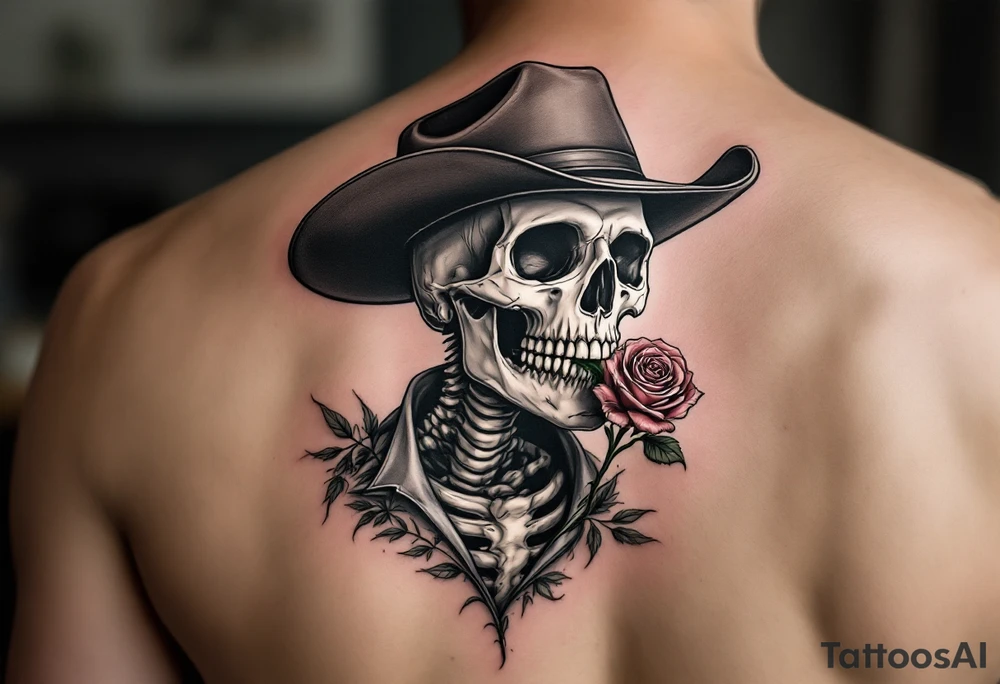 a full body skeleton cowboy with a rose in his mouth. tattoo idea