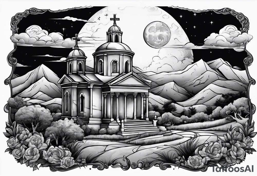 Graveyard with moon and greek church on hills with clouds tattoo idea