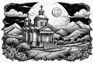 Graveyard with moon and greek church on hills with clouds tattoo idea