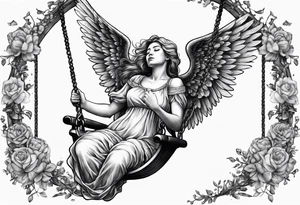 crying broken angel on swing add flowers around tattoo idea