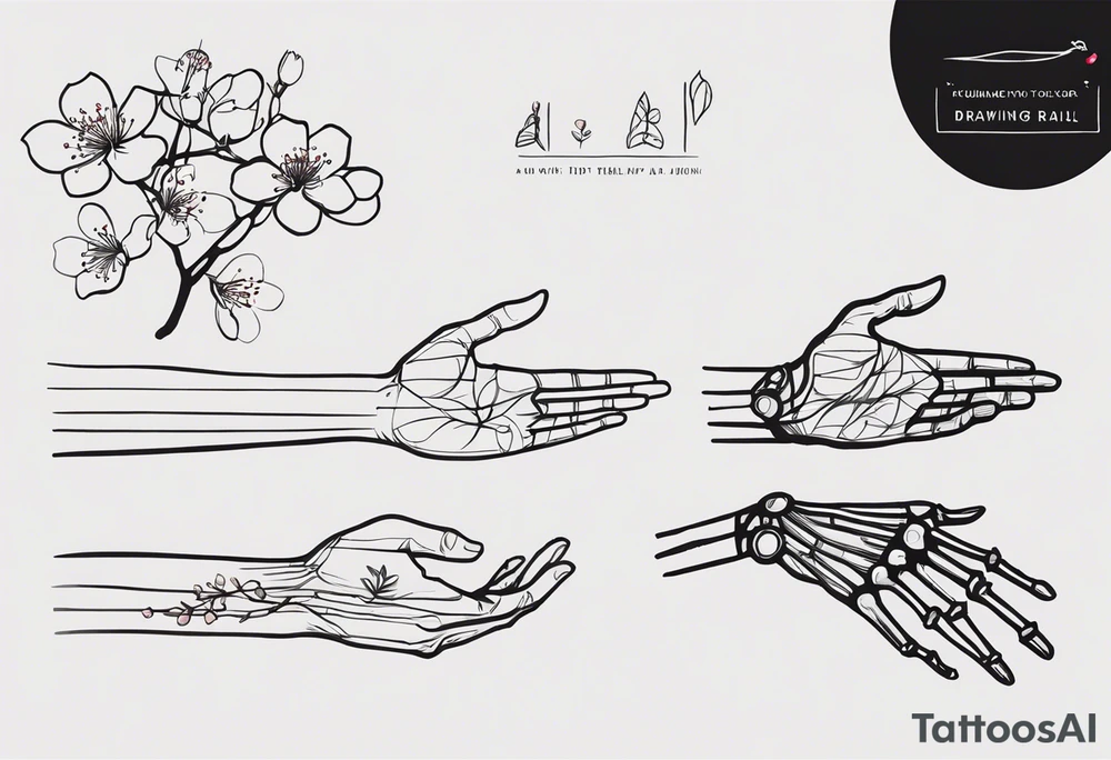 Sure thing! To guide the AI in drawing your tattoo design, you can provide step-by-step instructions like this:

1. Start by drawing a human hand pointing at a skeleton hand on the left shoulder.
2. From the wrist of the human hand, draw a cherry blossom branch sprouting out.
3. Let the branch travel down the arm, wrapping around the bicep once.
4. Narrow the branch to fit through a 7 cm gap on the forearm.
5. Finally, end the branch in a 10 cm gap on the wrist, adding more blossom flora to complete the design.

These detailed instructions should help the AI create a visual representation of your envisioned tattoo. tattoo idea
