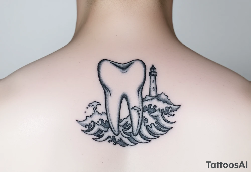 “A molar tooth cradled by waves of the ocean with a tiny lighthouse beside it, clean linework tattoo tattoo idea