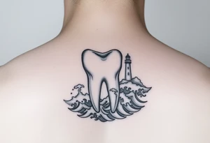 “A molar tooth cradled by waves of the ocean with a tiny lighthouse beside it, clean linework tattoo tattoo idea