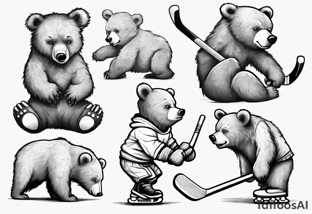 Baby bear playing hockey in front of papa bear and mama bear family tattoo idea