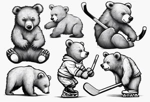 Baby bear playing hockey in front of papa bear and mama bear family tattoo idea