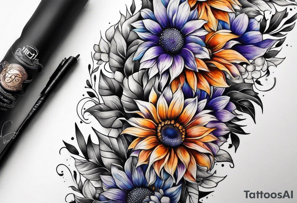 Full arm sleeve with purple, orange and blue sunflowers tattoo idea