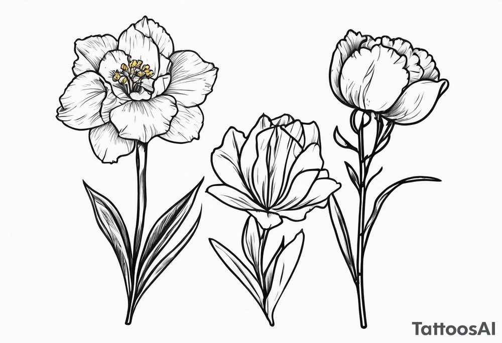 Two carnations, Two daffodils, One snowdrop, One hawthorn flower, Two honeysuckle blooms, tattoo idea