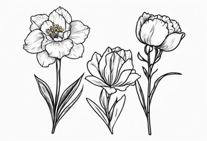 Two carnations, Two daffodils, One snowdrop, One hawthorn flower, Two honeysuckle blooms, tattoo idea