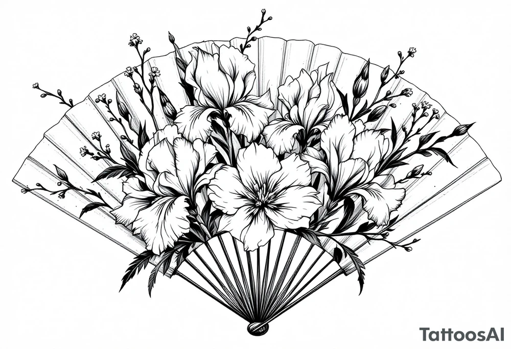 Irises flowers and cherry blossom on a fan tattoo idea