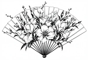 Irises flowers and cherry blossom on a fan tattoo idea