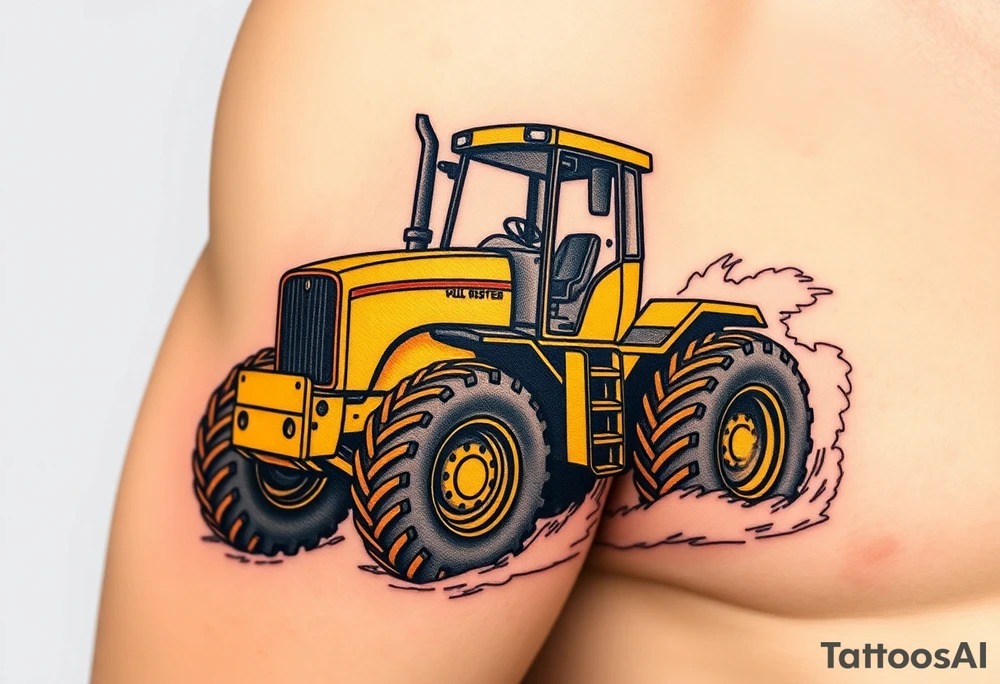 A hyper-realistic yellow tractor in motion, dust swirling around its massive tires. tattoo idea