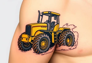 A hyper-realistic yellow tractor in motion, dust swirling around its massive tires. tattoo idea