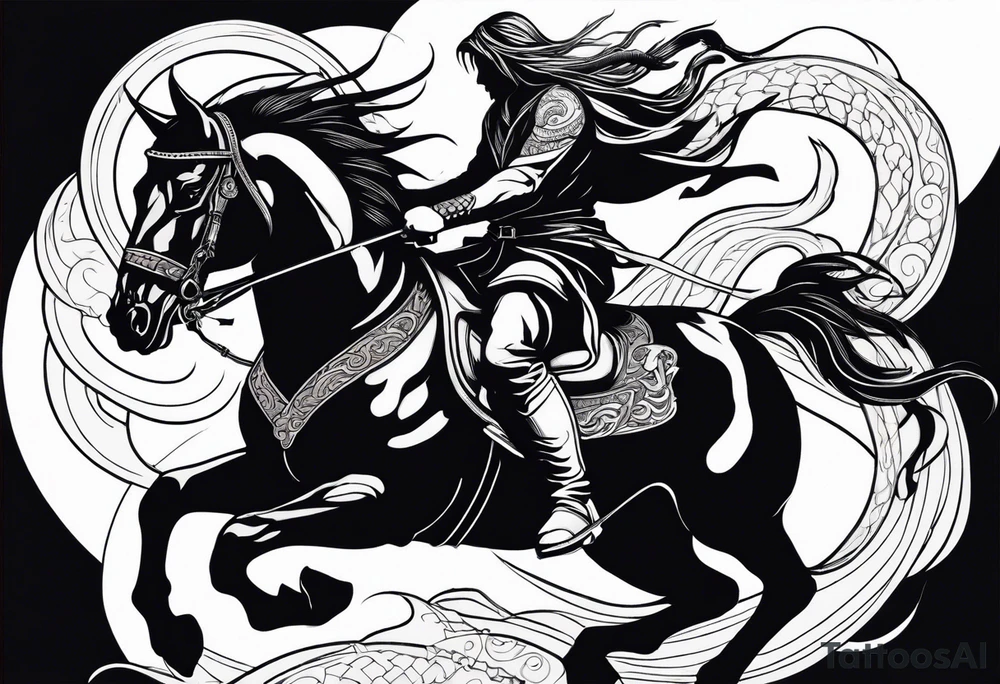 A demon rider on a raging horse with a sword and a snake tattoo idea