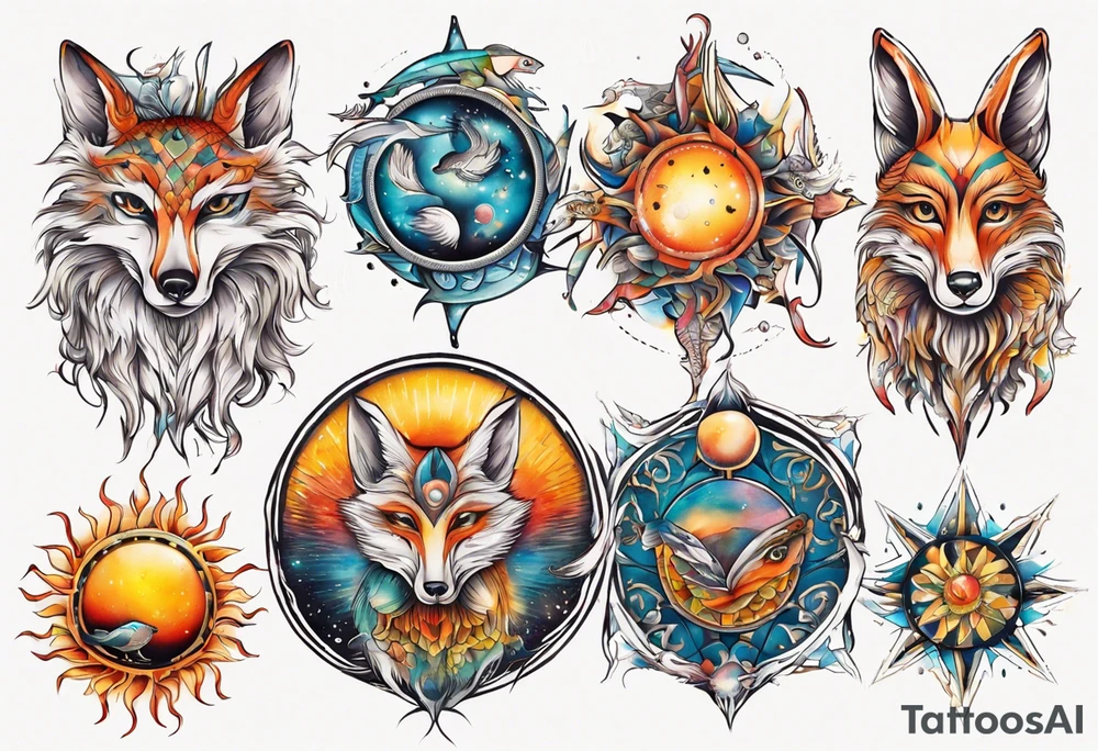 fisch, fuchs und eule , symetrie  sonne, universum, bunt tattoo idea