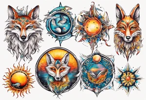 fisch, fuchs und eule , symetrie  sonne, universum, bunt tattoo idea