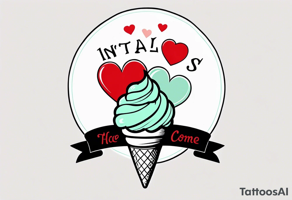 mint chocolate chip ice cream cone with small red heart on it somewhere. tattoo idea
