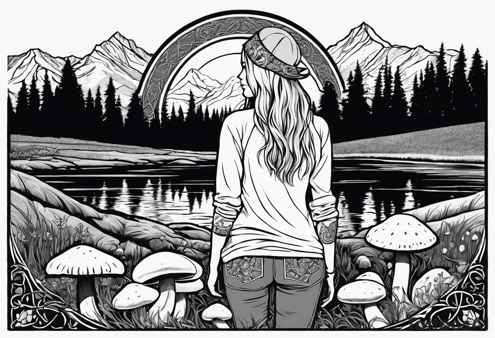 Whole picture encircled fully

Straight long blonde hair hippie girl in distance holding mushrooms in hand facing away toward mountains and creek surrounded by mushrooms long sleeve shirt and hiking pants; whole rendering within a full celtic circle, no cut off circle tattoo idea