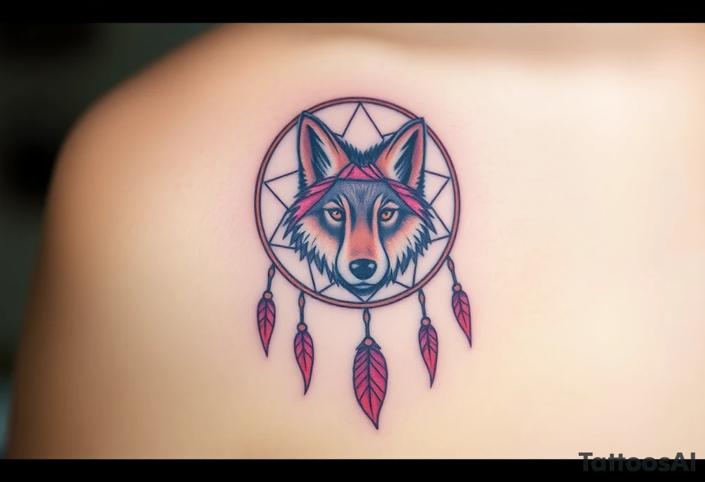 A wolf’s paw print in the center of a dreamcatcher, with the wolf’s face subtly peeking through. The dreamcatcher threads are light brown, and the paw print is shaded in dark pink with hints of violet around the edges. tattoo idea