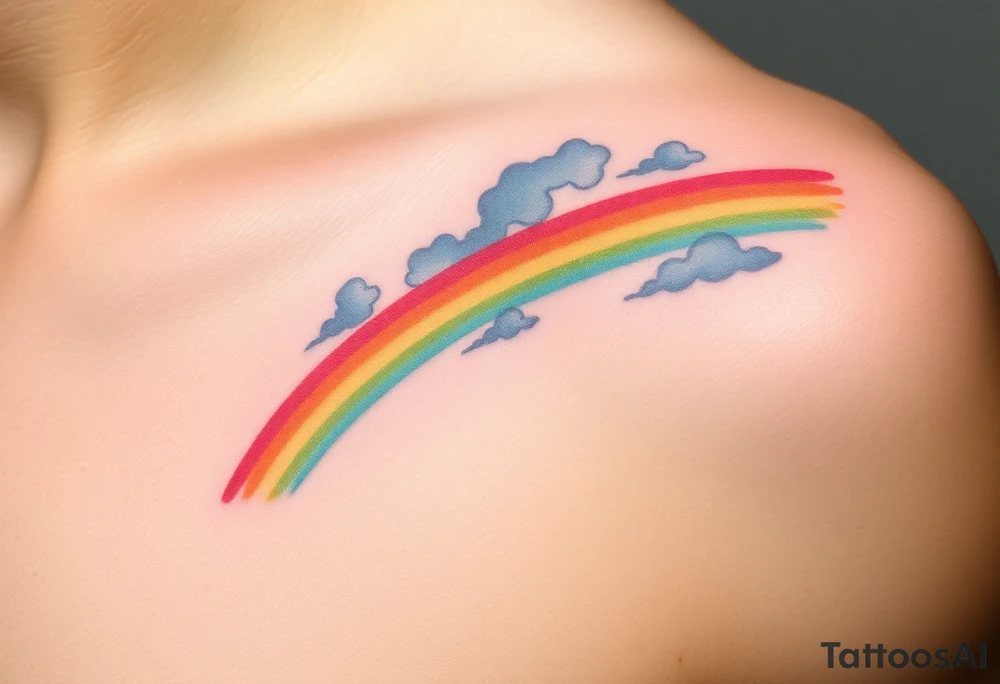 A vibrant rainbow stretching across a cloudy sky, with soft pastel gradients, symbolizing hope after a storm tattoo idea