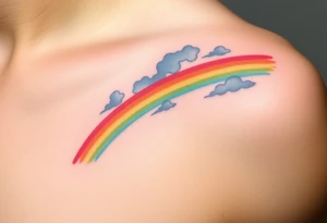 A vibrant rainbow stretching across a cloudy sky, with soft pastel gradients, symbolizing hope after a storm tattoo idea