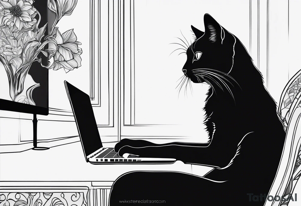 Abstract black cat sitting in Front of a MacBook and Programming. tattoo idea