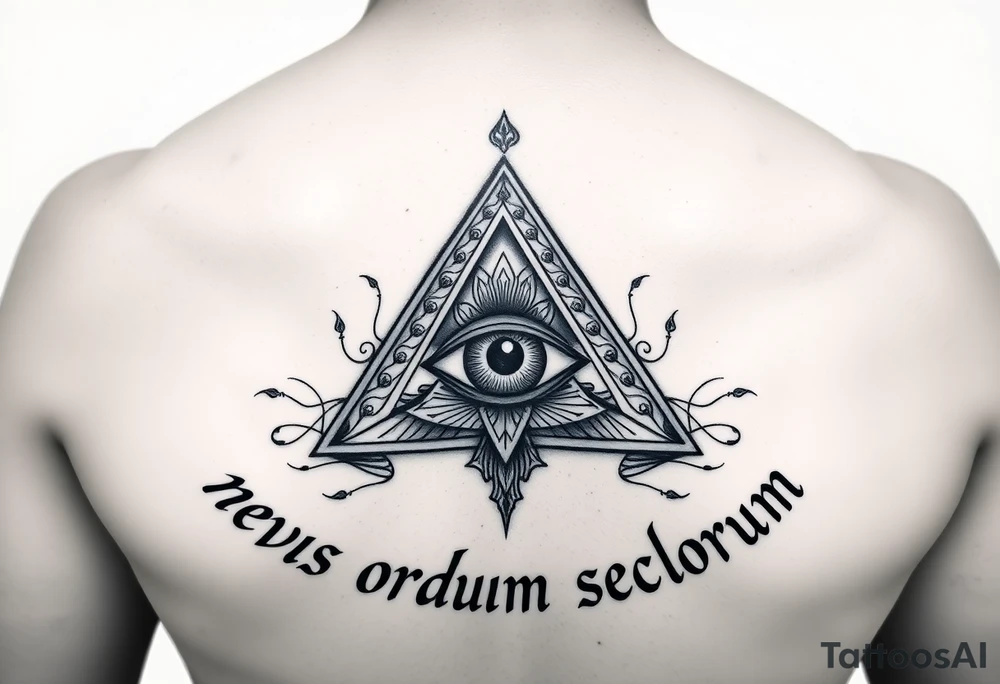 Pyramid with eye in the center, surrounded by words - novus ordum seclorum tattoo idea
