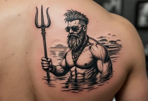 young, happy, fit, short hair, poseidon in calm water, holding a trident, drinking a beer, with sunset, with ski boat, with sunglasses tattoo idea