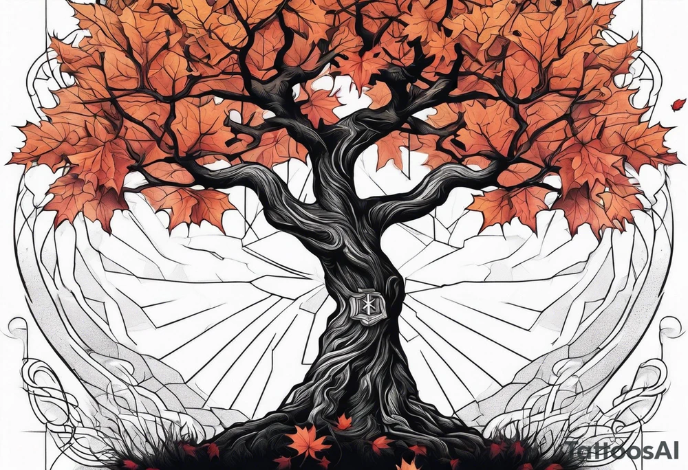 A maple tree with branches and a cross combined into the trunk. It is a forearm sleeve tattoo idea