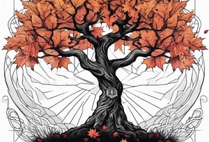 A maple tree with branches and a cross combined into the trunk. It is a forearm sleeve tattoo idea